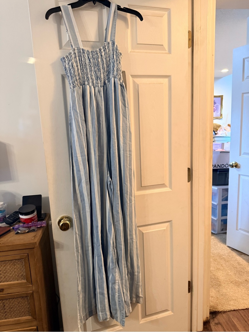 Tractr Light Blue and White Striped Smocked Jumpsuit